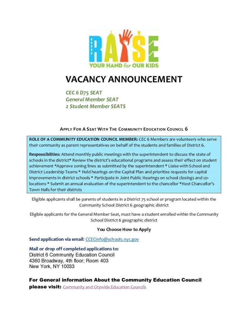 CEC 6 Council Vacancies: D75 & General Member Seat