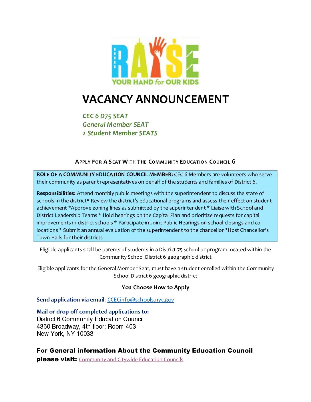 CEC 6 Council Vacancies: D75 & General Member Seat